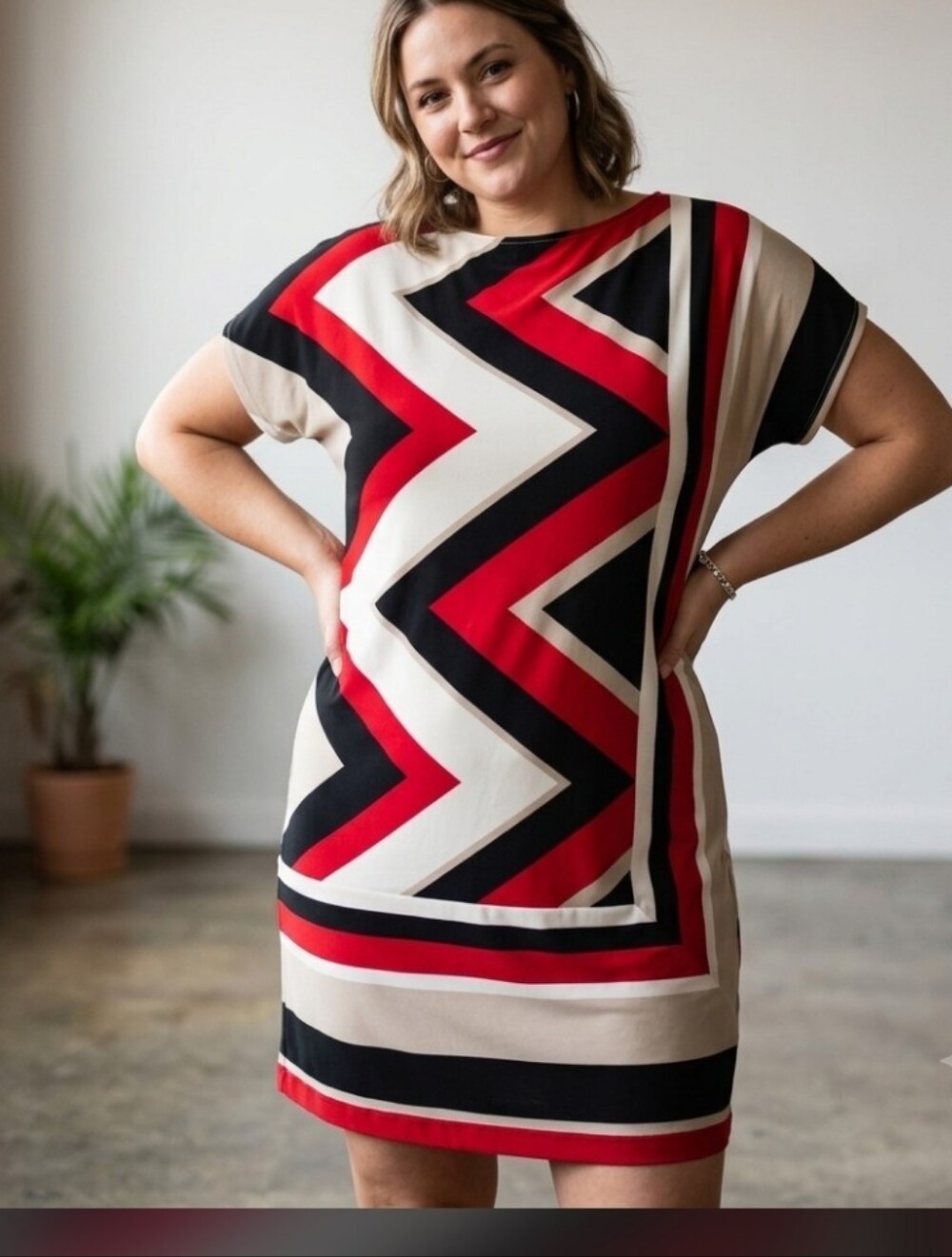 STUDIO ONE ...Size M Red Chevron Polyester Shift Dress
